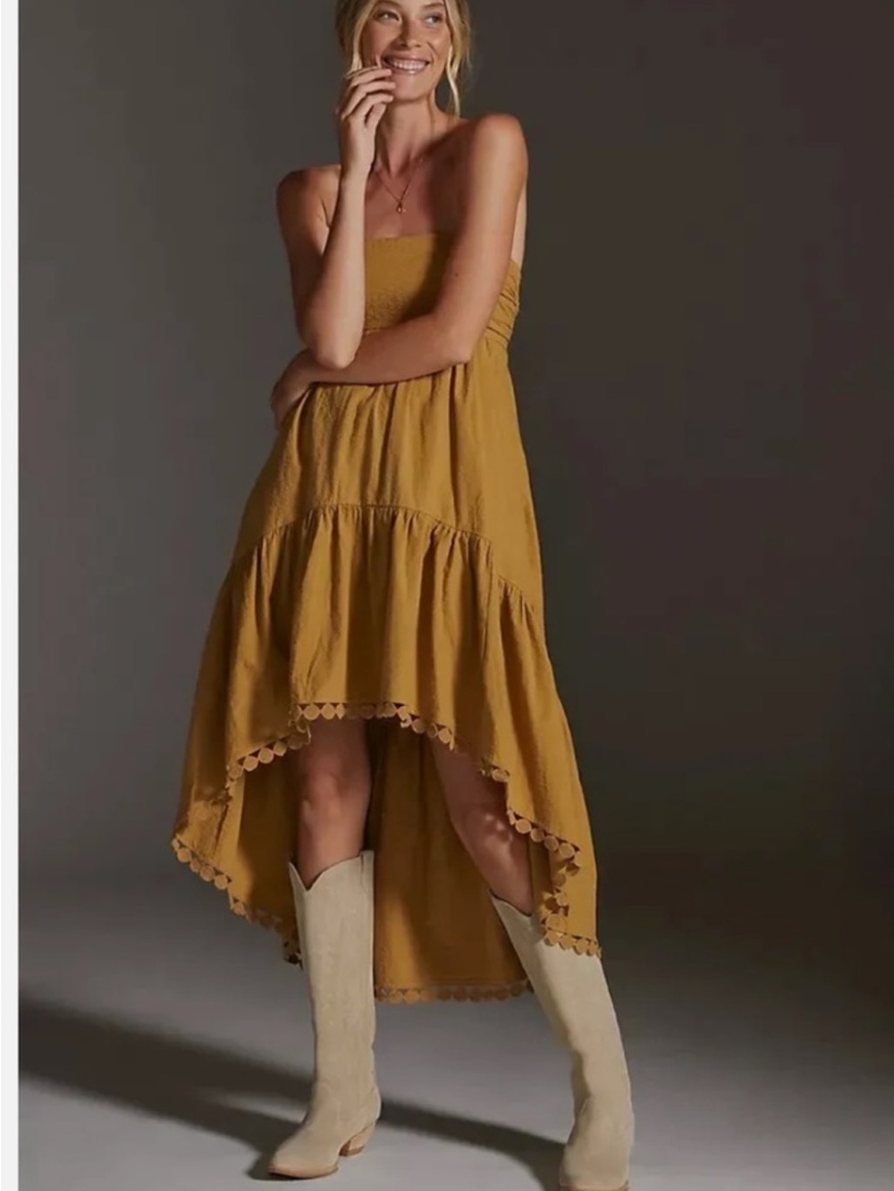 Maeve Mustard Strapless Tiered Midi Dress